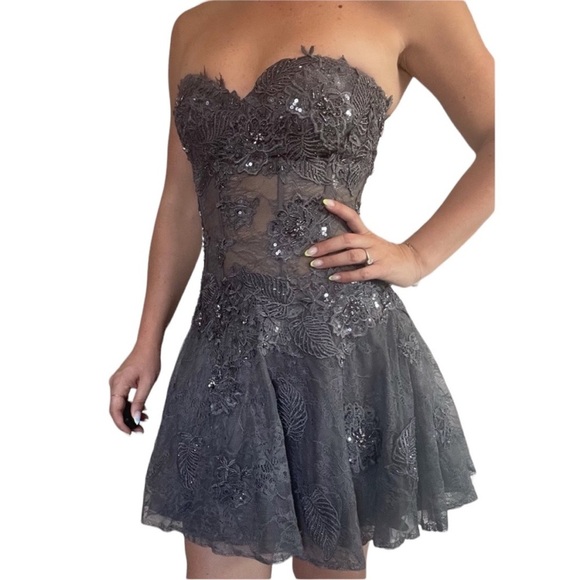 Jovani Strapless Mini Dress Charcoal - Picture 5 of 5